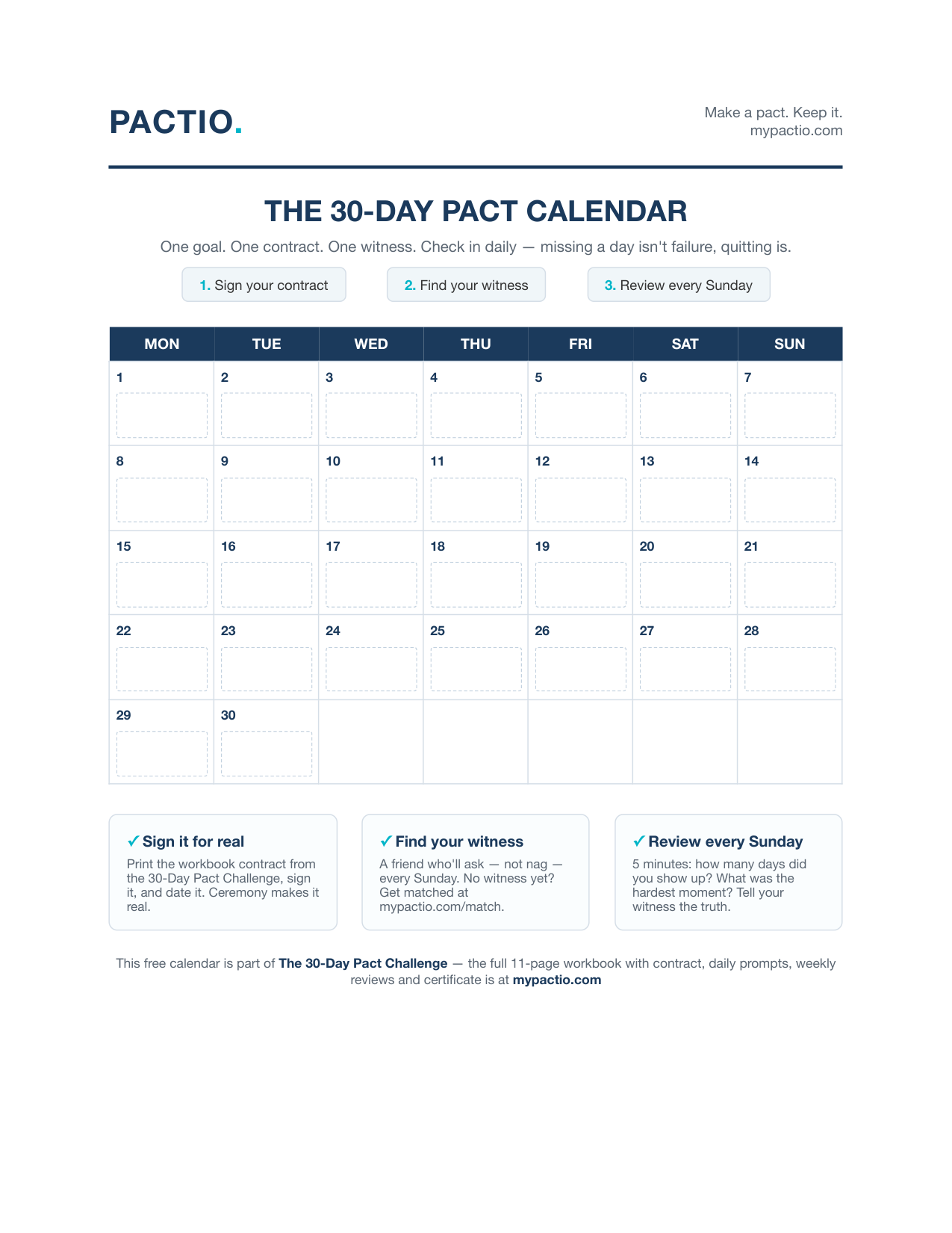 Preview of the free 30-day pact calendar printable: a month grid with 30 numbered boxes